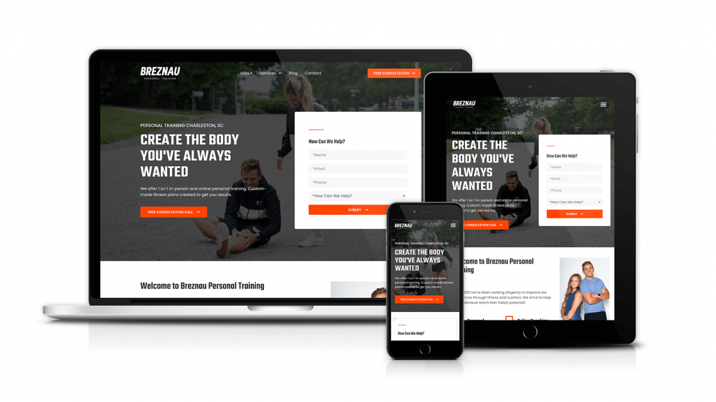 Breznau Personal Training Website homepage mockup on laptop, tablet, and phone
